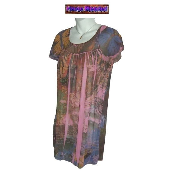 Vintage 90's Daniel Benjamin Pink Butterfly Sheer Sublimation Dress Retro y2k S - Picture 3 of 9